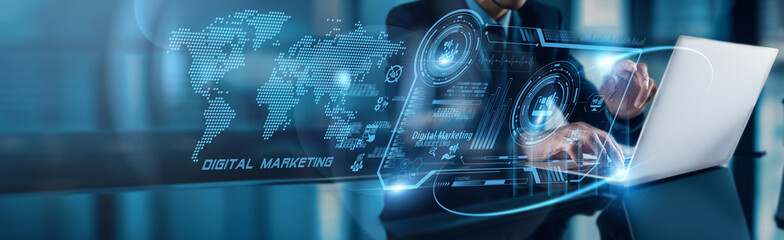 A businessman using a laptop with analysis data of Digital Marketing campaign performance growth to...
