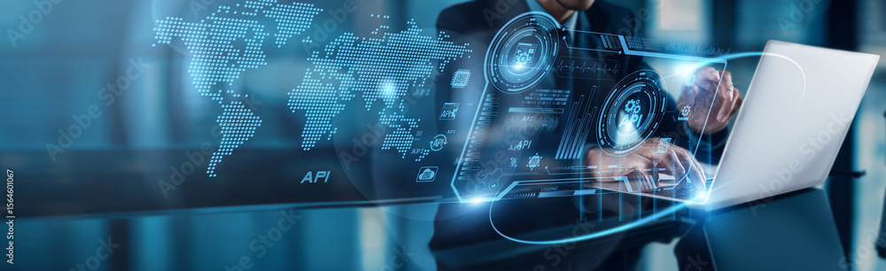 Poster Businessman using laptop with analysis data of API integration growth to expand on global network performance, scalability, connectivity, automation, innovation, interoperability, efficiency.
