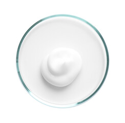 Cosmetic product in Petri dish isolated on white, top view