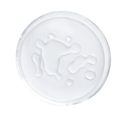 Cosmetic product in Petri dish isolated on white, top view