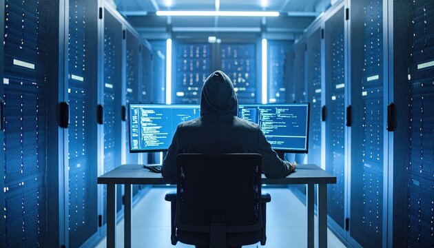 Hooded person working at computer monitors in a server room rows of server racks visible