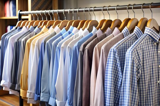 Elegant men's dress shirts hanging on wooden hangers, various colors and patterns, retail display, professional apparel.