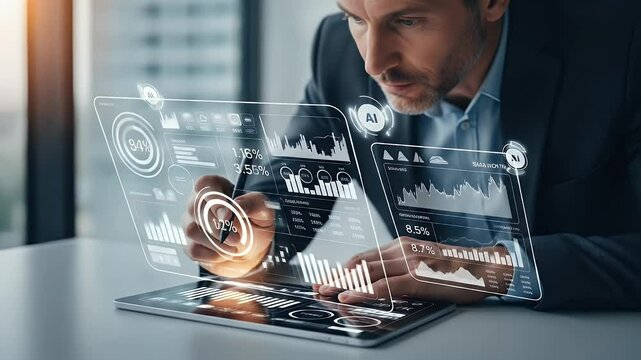 Man interacting with a holographic interface displaying financial charts and data