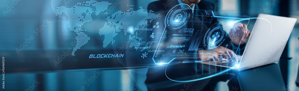 Aufkleber businessman using laptop with analysis data of blockchain market growth on global network shows rapi