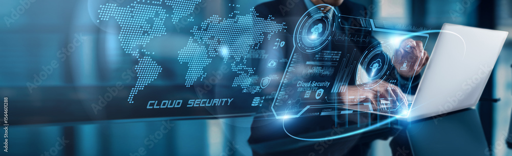 Poster businessman using laptop with analysis data of cloud security showing exponential growth to enhance 