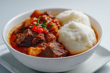 Delicious fufu served with spicy stew for a flavorful traditional meal on a white backdrop perfect for food lovers