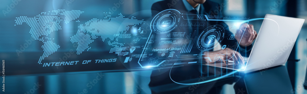 Poster businessman using laptop with analysis data of internet of things growth on global network, showing 