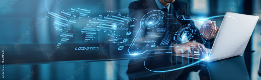 Poster businessman using laptop with analysis data of logistics performance growth to optimize operations o