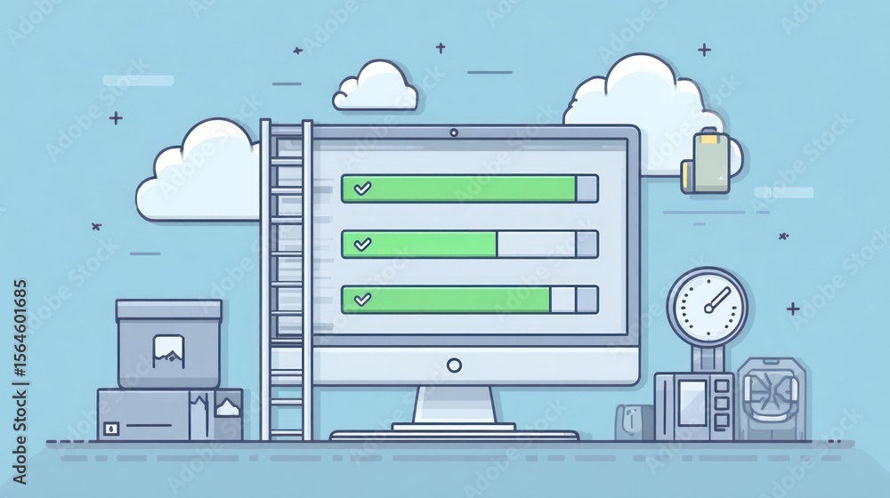 Poster flat illustration of a computer monitor with progress bars, clouds, a ladder, and other tech element