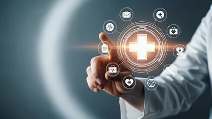 Medical technology interface with icons and a glowing plus symbol - Powered by Adobe