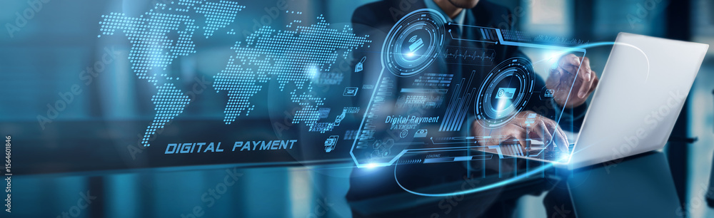 Poster businessman using laptop with digital payment data to track transaction growth on global network, an