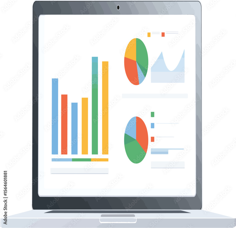 Poster open laptop displaying data charts, a business analytic graphic, illustrating modern workflow or dig