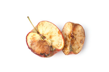Pieces of spoiled apple isolated on white, top view