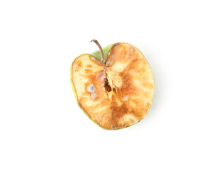 Piece of spoiled apple isolated on white, top view
