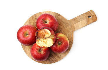 Spoiled apple and good ones isolated on white, top view