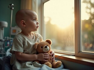 Bald Child in Hospital – Quiet Hope & Resilience by Sunlit Window