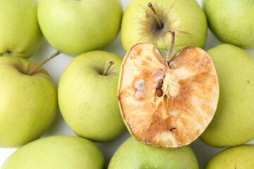 Spoiled apple and good ones on white background, closeup