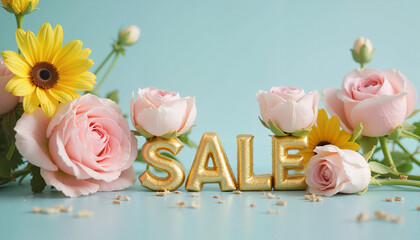 Golden sale sign surrounded by pink roses and yellow flowers  