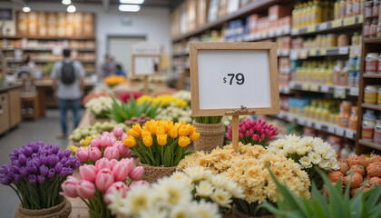 Colorful tulip flowers arranged in baskets at a flower shop  