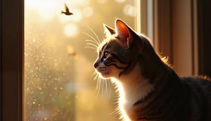 Cat sitting by the window watching a bird in sunlight  