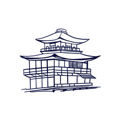 Japanese house. Silhouette of the building also in Chinese style. Hand drawn vector illustration. For travel postcards, invitations, banners, posters, booklets.