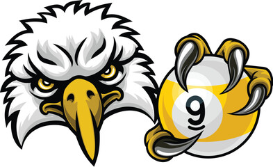 Eagle nine ball pool billiards sports mascot holding a 9 ball cartoon illustration