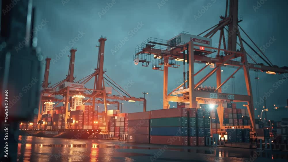 Poster industrial wireless device mounted on a structure with illuminated shipping cranes in the background