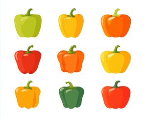 Flat vector icon set displaying colorful bell peppers in a clean and modern style suitable for user interface applications