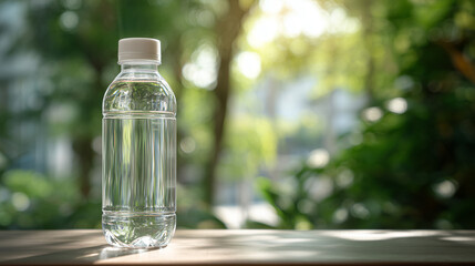 Clear Plastic Bottle of Still Water with Minimal Label. Empty space for text. Concept of digital marketing.