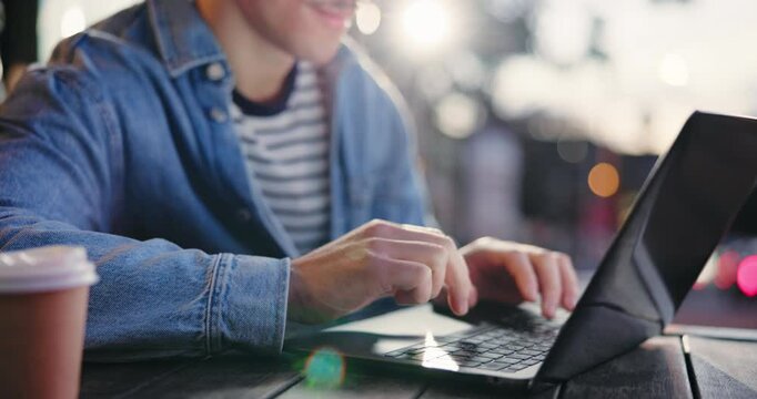 Hands, man and typing on laptop at cafe for remote work, writing story and email feedback. Journalist, freelancer and pc for research, proofreading article and information with publication schedule