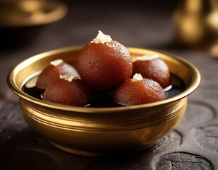 Close-up of sweet Indian jamun dessert in golden traditional bowl