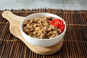 A view of a gyudon bowl.