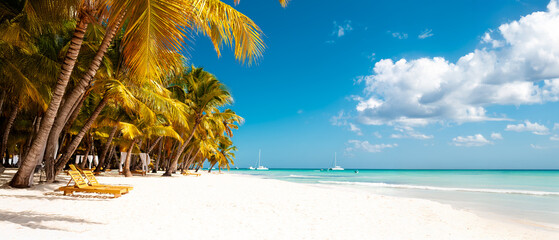 Vacation summer holidays background wallpaper - sunny tropical Caribbean paradise beach with white sand in Seychelles Praslin island Thailand style with palms