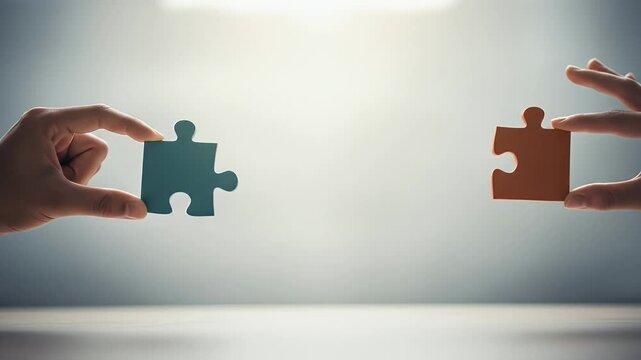 Two hands holding puzzle pieces one teal one orange about to connect