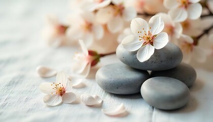 Zen spa stones, Black smooth stones and jasmine flowers, white magnolia flower resting on a smooth black stone, symbolizing peace and tranquility, created with generative ai