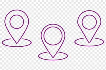 Set of location pin icons. Map marker pointer symbols, GPS location. Navigation map, location navigation icon, geo location point. Vector isolated on transparent background. eps 10