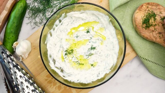 Making Tzatziki Greek or Mediterranean sauce or dip for a party. Dip or sauce in a green bowl on a wooden cutting board with dill, green napkin and a grater. Adding dill to the top of Tzatziki sauce.
