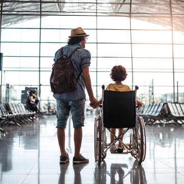 Father and son holding hands in airport wheelchair waiting area