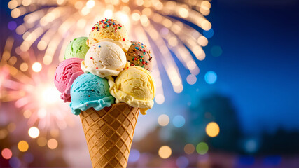 A waffle cone overflowing with colorful scoops of ice cream, topped with sprinkles, set against a festive blurred background of bright fireworks. Ideal for celebrations or summer themes.