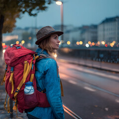 Young backpacker exploring city at dusk