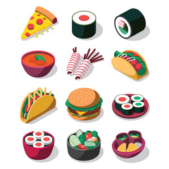 vector icons cooking food chef hat include a pizza slice, a sushi roll, spaghetti and meatballs, a curry bowl burger , fish 
