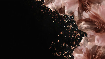 Rose Gold Floral Glitter on Black Background – Elegant Luxury Decorative Design with Copy Space
