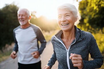 Active senior couple running together in nature at sunset