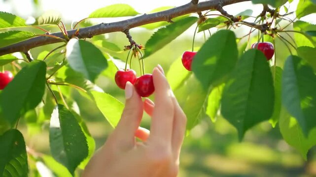 Hand picks ripe red cherries from a branch of a cherry tree in a sunny orchard