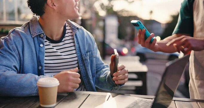 Man, hands and customer with waiter, POS machine or phone tap at cafe for transaction or purchase. Male person, host and service with mobile smartphone or app for easy pay, NFC or scan at coffee shop