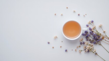 A serene overhead view of a delicate cup of warm herbal tea surrounded by beautiful dried blossoms and scattered petals, evoking a sense of tranquility and peace.