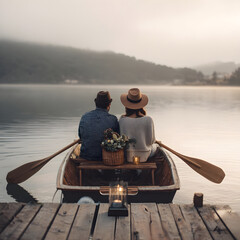 Romantic couple enjoying peaceful boat trip on misty lake at sunrise