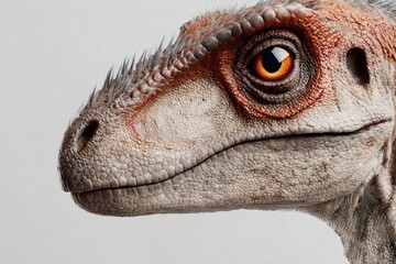 Close-up of Dilophosaurus face with orange eye and bumpy skin