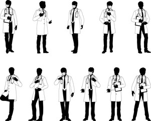 Silhouette doctor men medical healthcare people in lab coats. Some holding a clipboard or wearing PPE masks.