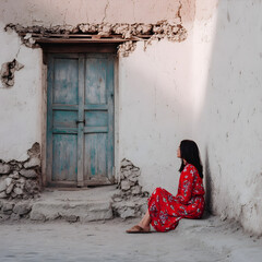 Tourist resting near old door in crumbling building
